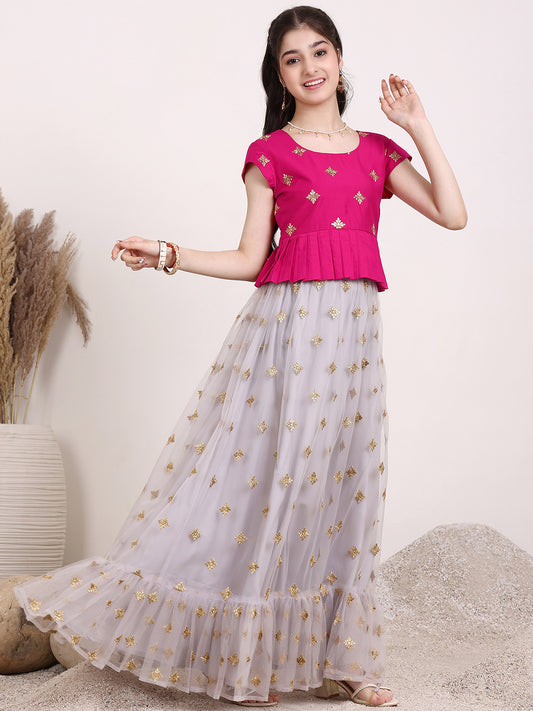 Girls Embroidered Zari Net Ready To Wear Lehenga & Choli