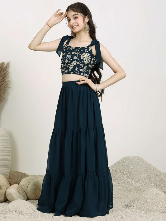 Girls Embroidered Sequinned Georgette Ready To Wear Lehenga & Choli
