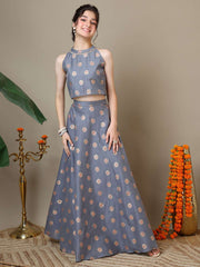 Girls Floral Zari Woven Design Chanderi Cotton Ready To Wear Lehenga & Blouse