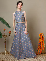 Girls Floral Zari Woven Design Chanderi Cotton Ready To Wear Lehenga & Blouse