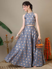 Girls Floral Zari Woven Design Chanderi Cotton Ready To Wear Lehenga & Blouse