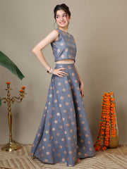 Girls Floral Zari Woven Design Chanderi Cotton Ready To Wear Lehenga & Blouse