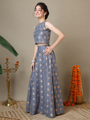 Girls Floral Zari Woven Design Chanderi Cotton Ready To Wear Lehenga & Blouse