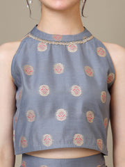 Girls Floral Zari Woven Design Chanderi Cotton Ready To Wear Lehenga & Blouse