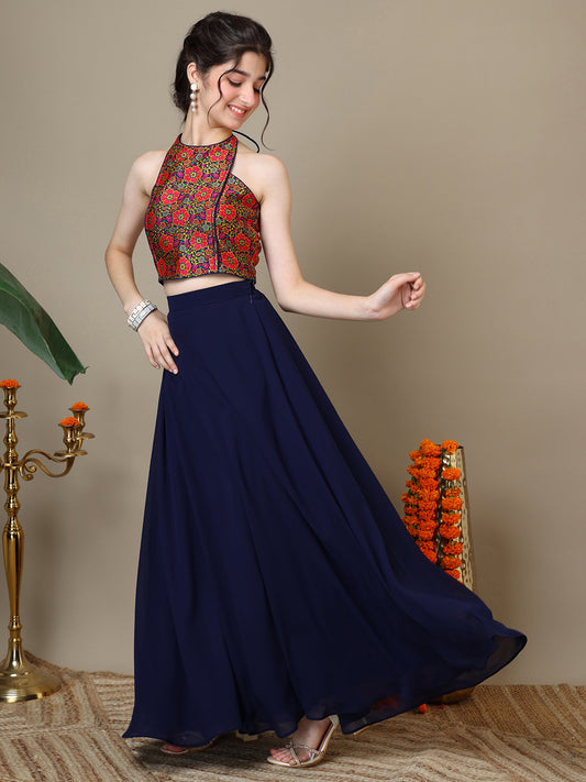Girls Floral Woven Design Silk Ready To Wear Lehenga & Blouse