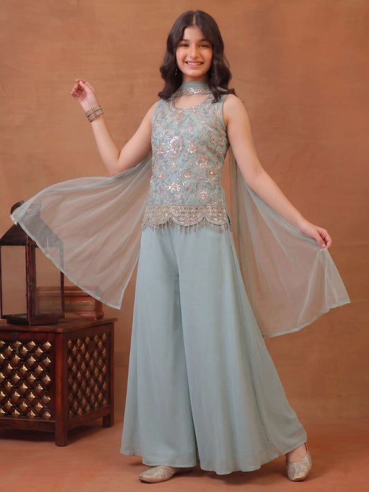 Girls Floral Embroidered Regular Sequinned Kurti with Palazzos & With Dupatta