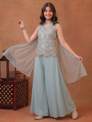 Girls Floral Embroidered Regular Sequinned Kurti with Palazzos & With Dupatta