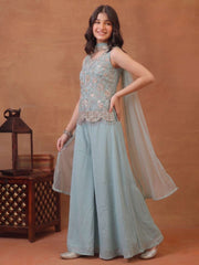 Girls Floral Embroidered Regular Sequinned Kurti with Palazzos & With Dupatta