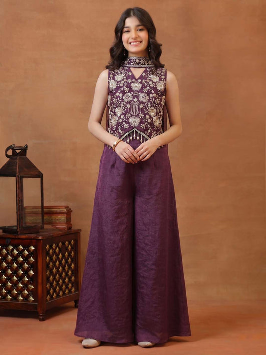 Girls Ethnic Motifs Embroidered Regular Thread Work Kurti with Palazzos