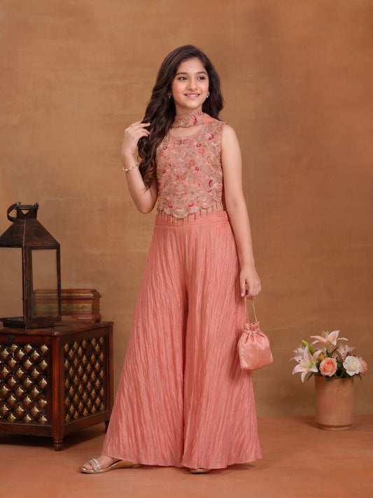 Girls Ethnic Motifs Embroidered Regular Thread Work Top with Palazzos