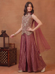 Girls Ethnic Motifs Embroidered Regular Sequinned Kurti with Palazzos & With Dupatta