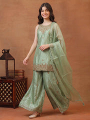 Girls Ethnic Motifs Embroidered Regular Kurta with Sharara & With Dupatta