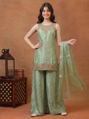 Girls Ethnic Motifs Embroidered Regular Kurta with Sharara & With Dupatta
