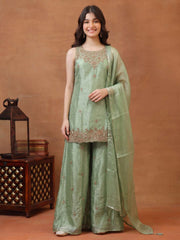 Girls Ethnic Motifs Embroidered Regular Kurta with Sharara & With Dupatta