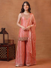 Girls Ethnic Motifs Embroidered Regular Kurta with Sharara & With Dupatta