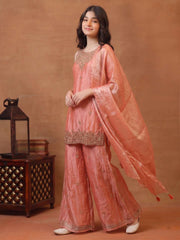 Girls Ethnic Motifs Embroidered Regular Kurta with Sharara & With Dupatta