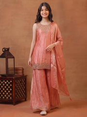 Girls Ethnic Motifs Embroidered Regular Kurta with Sharara & With Dupatta