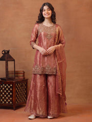Girls Ethnic Motifs Embroidered Regular Thread Work Kurta with Sharara & With Dupatta