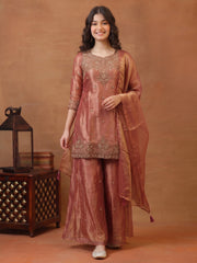 Girls Ethnic Motifs Embroidered Regular Thread Work Kurta with Sharara & With Dupatta