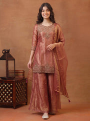 Girls Ethnic Motifs Embroidered Regular Thread Work Kurta with Sharara & With Dupatta