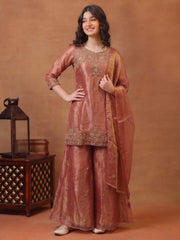 Girls Ethnic Motifs Embroidered Regular Thread Work Kurta with Sharara & With Dupatta