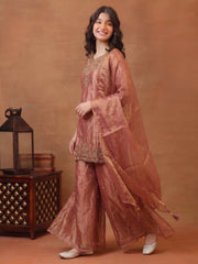 Girls Ethnic Motifs Embroidered Regular Thread Work Kurta with Sharara & With Dupatta