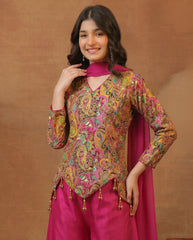 Girls Paisley Printed Zari and Sequinned Embroidered Top & Palazzo With Dupatta