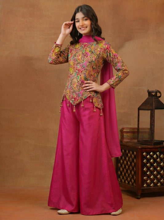 Girls Paisley Printed Zari and Sequinned Embroidered Top & Palazzo With Dupatta