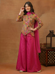 Girls Paisley Printed Zari and Sequinned Embroidered Top & Palazzo With Dupatta