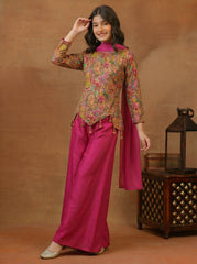 Girls Paisley Printed Zari and Sequinned Embroidered Top & Palazzo With Dupatta