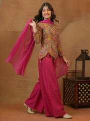 Girls Paisley Printed Zari and Sequinned Embroidered Top & Palazzo With Dupatta
