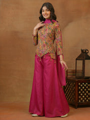 Girls Paisley Printed Zari and Sequinned Embroidered Top & Palazzo With Dupatta