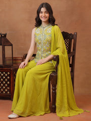 Girls Ethnic Motifs Embroidered Regular Mirror Work Kurta with Palazzos & With Dupatta