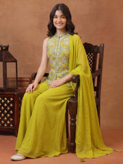 Girls Ethnic Motifs Embroidered Regular Mirror Work Kurta with Palazzos & With Dupatta