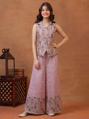 Girls Floral Printed and Zari Embroidered Top with Palazzo Co-Ords Set
