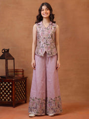 Girls Floral Printed and Zari Embroidered Top with Palazzo Co-Ords Set