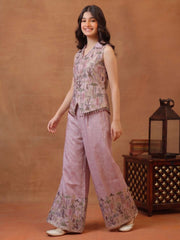 Girls Floral Printed and Zari Embroidered Top with Palazzo Co-Ords Set