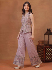 Girls Floral Printed and Zari Embroidered Top with Palazzo Co-Ords Set
