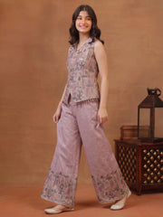 Girls Floral Printed and Zari Embroidered Top with Palazzo Co-Ords Set