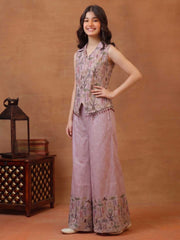 Girls Floral Printed and Zari Embroidered Top with Palazzo Co-Ords Set