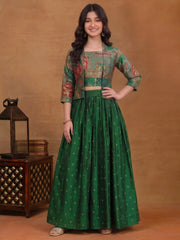 Girls Animal Printed and Zari Embroidered Top with Jacket and Palazzo Co-Ord Set