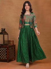 Girls Animal Printed and Zari Embroidered Top with Jacket and Palazzo Co-Ord Set