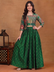 Girls Animal Printed and Zari Embroidered Top with Jacket and Palazzo Co-Ord Set