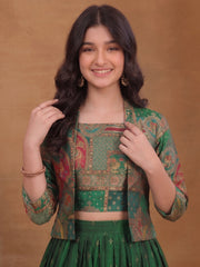 Girls Animal Printed and Zari Embroidered Top with Jacket and Palazzo Co-Ord Set