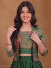 Girls Animal Printed and Zari Embroidered Top with Jacket and Palazzo Co-Ord Set