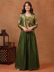 Girls Animal Printed and Zari Embroidered Top with Jacket and Palazzo Co-Ord Set