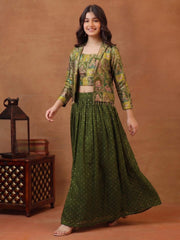 Girls Animal Printed and Zari Embroidered Top with Jacket and Palazzo Co-Ord Set