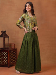 Girls Animal Printed and Zari Embroidered Top with Jacket and Palazzo Co-Ord Set