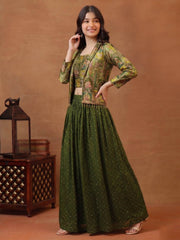 Girls Animal Printed and Zari Embroidered Top with Jacket and Palazzo Co-Ord Set