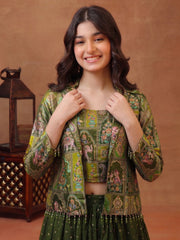 Girls Animal Printed and Zari Embroidered Top with Jacket and Palazzo Co-Ord Set